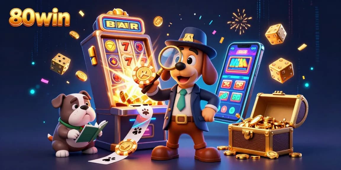 Engage with 80win's thrilling casino adventure through cartoon detective characters and slot game elements.
