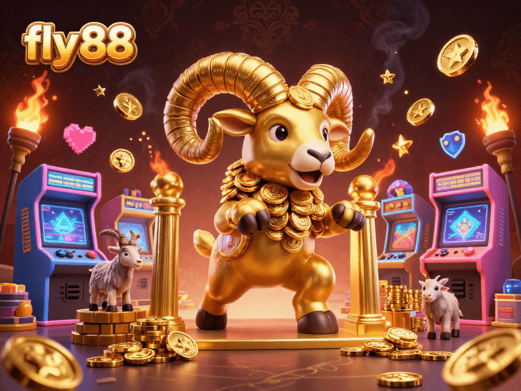 Experience excitement at fly 88 with a golden ram and colorful casino games in a vibrant setting.