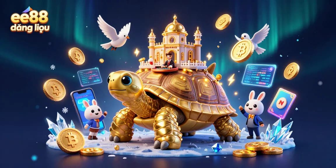 Bet on ee88 đăng nhập with a vibrant illustration showing a golden tortoise casino, a rabbit dealer, and dynamic game elements.