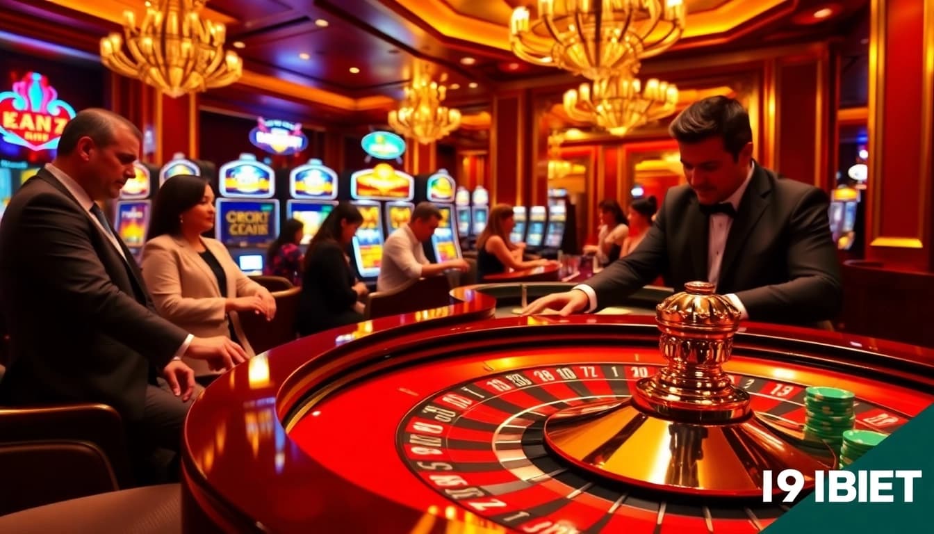Experience the excitement of I9BET at a luxurious casino setting with roulette and vibrant slot machines.