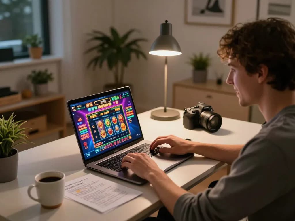 Interagindo com os slots online do HH55 em um laptop para uma experiência de jogo emocionante