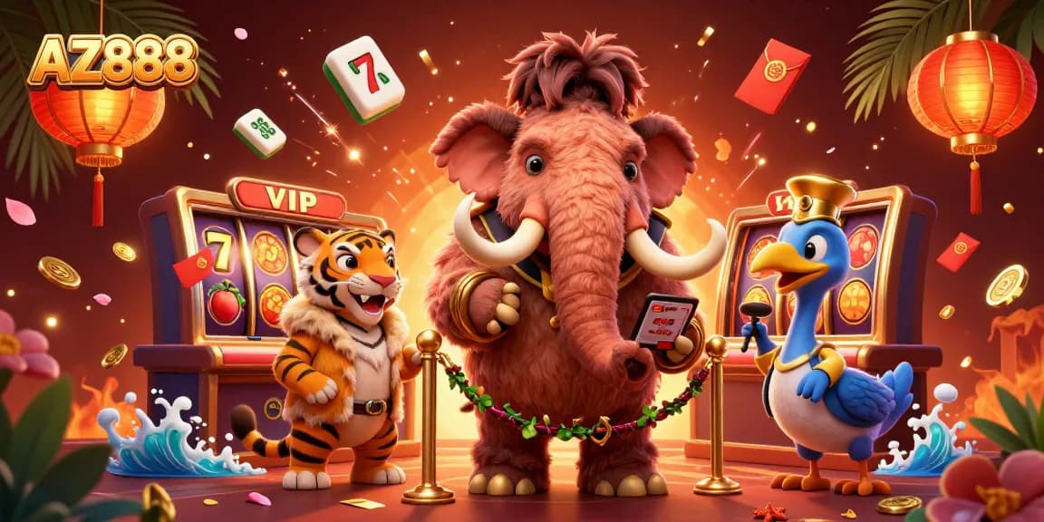 Join the fun at AZ888 featuring a woolly mammoth bouncer and vibrant casino elements.
