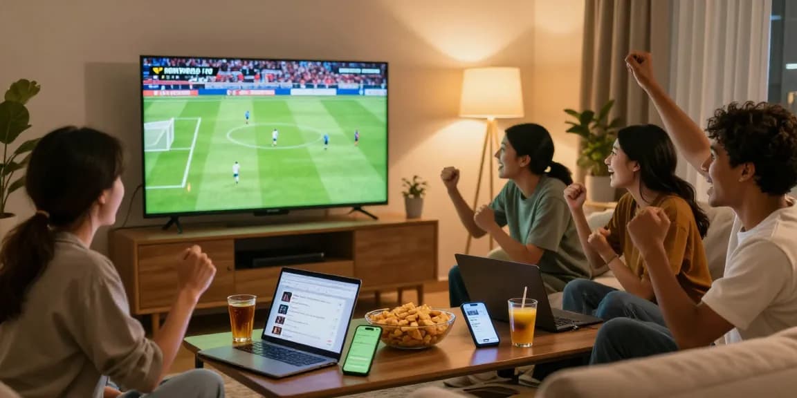 Nonton bola live in a cozy living room with friends celebrating a goal, surrounded by snacks and engaging in real-time stats.