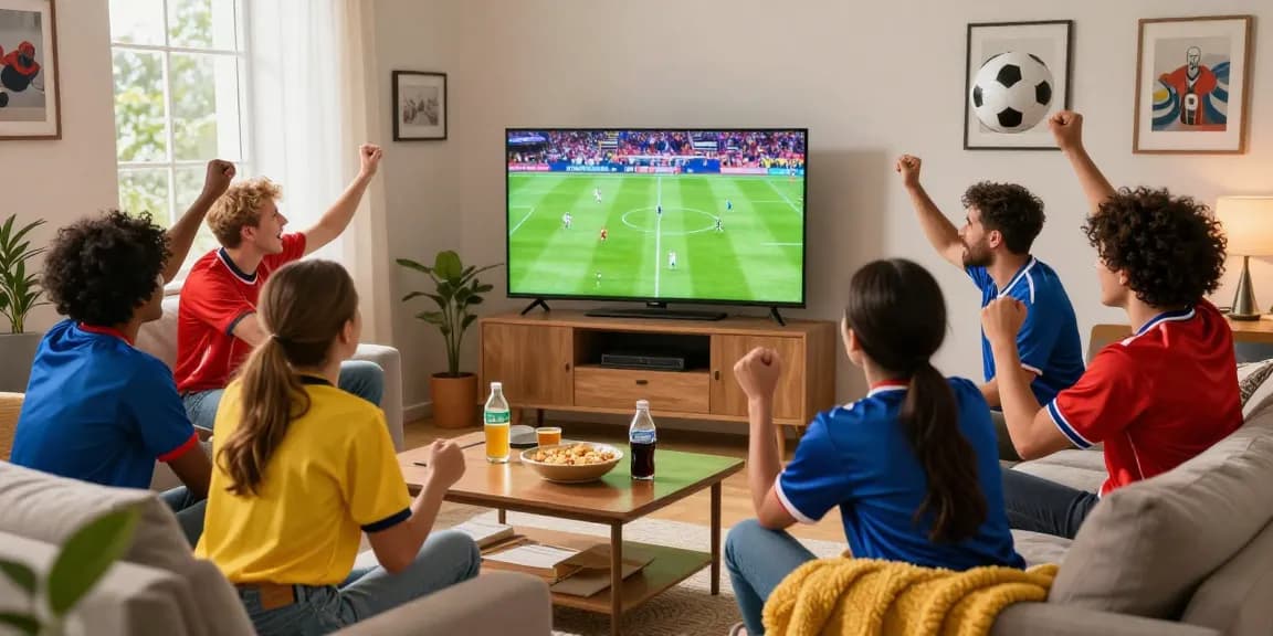 Enjoying a live football match through multicanais platform in a cozy living room, with fans cheering and snacks on the table.