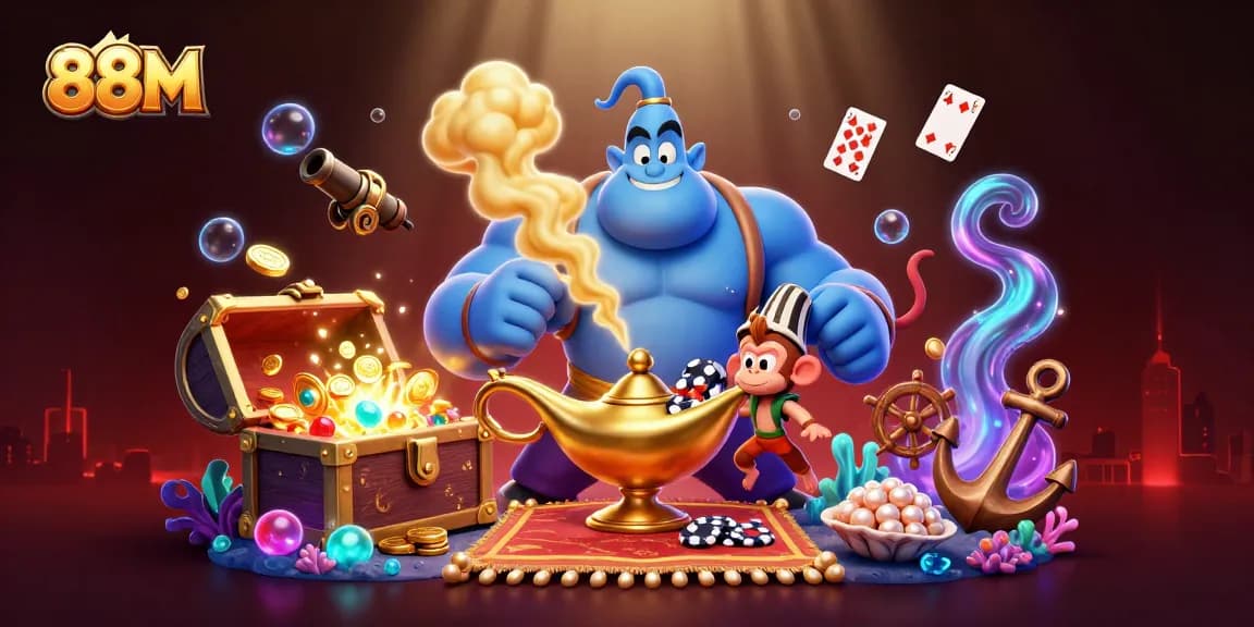Engage with 88M's thrilling casino adventures featuring a magical genie, poker chips, and treasures galore.