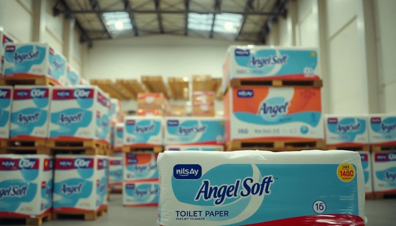Showcasing Angel Soft Toilet Paper Pallets arranged in a professional warehouse environment.