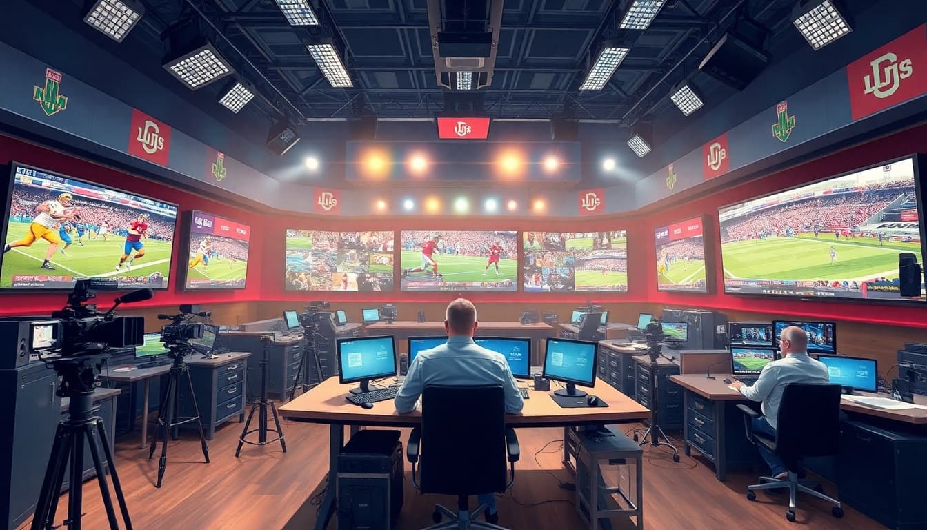 Engaging scene of Sports Broadcasting professionals in a modern studio, showcasing teamwork.