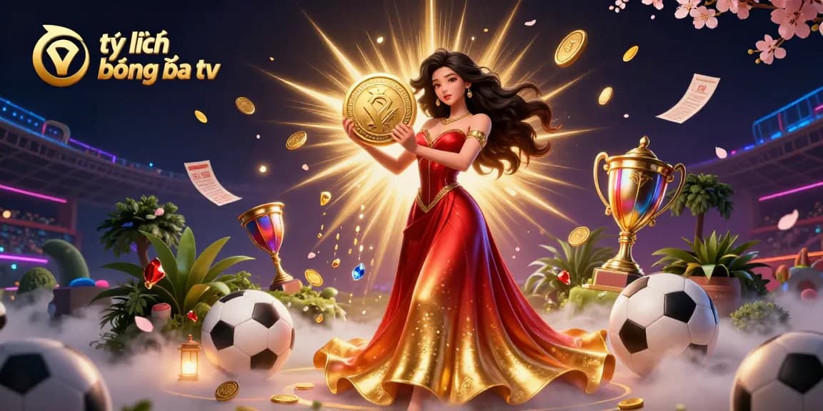 Tỷ lệ bóng đá tv showcases an Asian woman triumphantly holding a golden coin, complemented by dynamic sports elements.