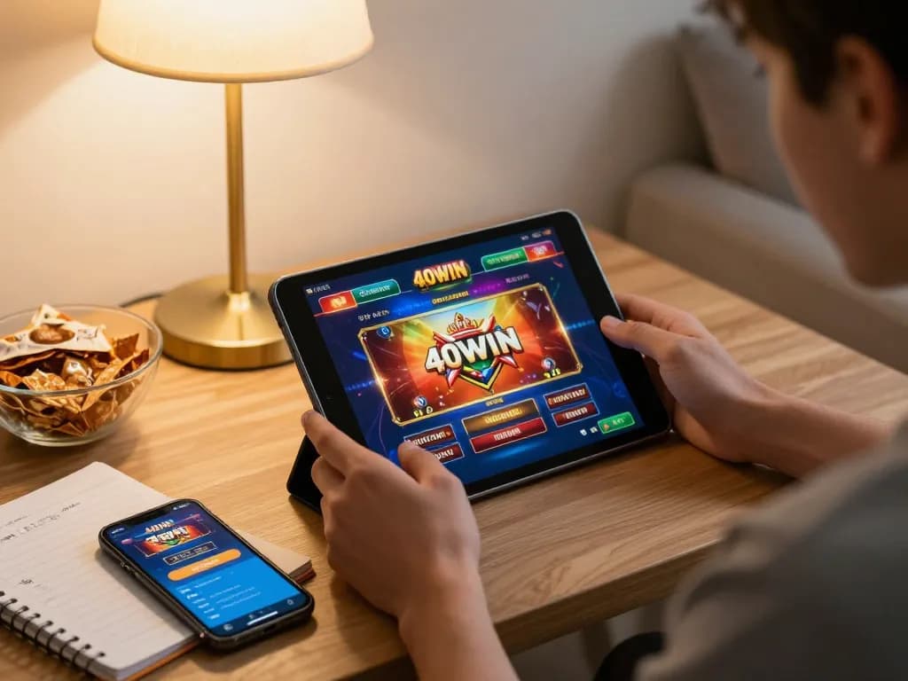 A player engaging with the 40WIN platform on a tablet at home, reflecting a strategic and fun gaming environment.
