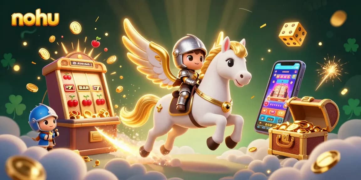 Nohu's thrilling jackpot scene featuring a celestial horse and knight amidst slot machines