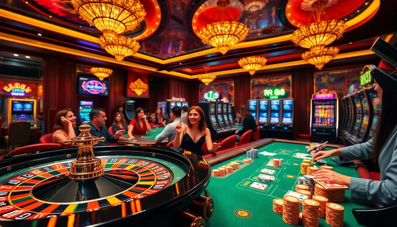 RR88 casino scene showcasing excited gamblers at tables and slot machines.