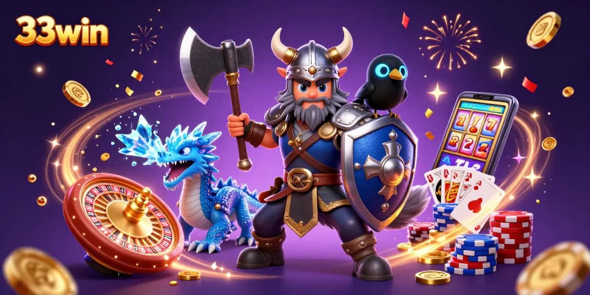 Win big with 33win in this vibrant and dynamic casino illustration filled with gaming excitement.