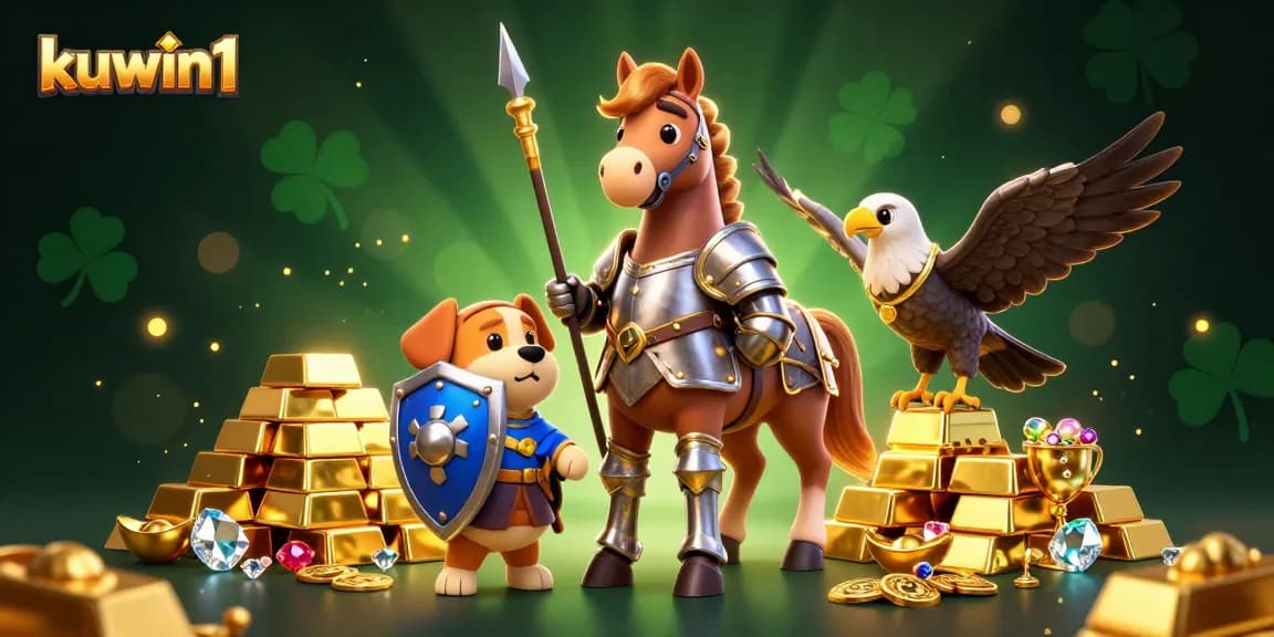 Kuwin1 knight and puppy celebrate a jackpot with piles of gold, gems, and casino treasures.