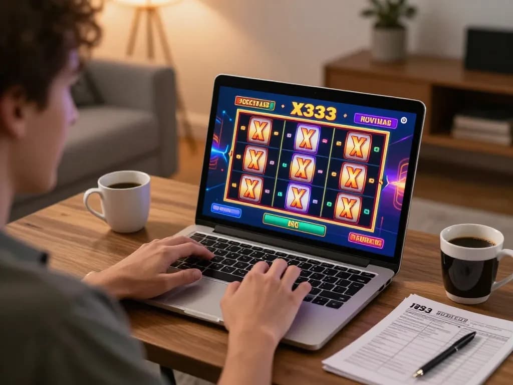 A player enjoying X333 slots on a laptop, showcasing an exciting online casino experience in a cozy setting