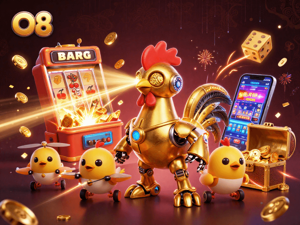 Engage in thrilling gameplay with O8, highlighted by a futuristic rooster robot amidst jackpot excitement.