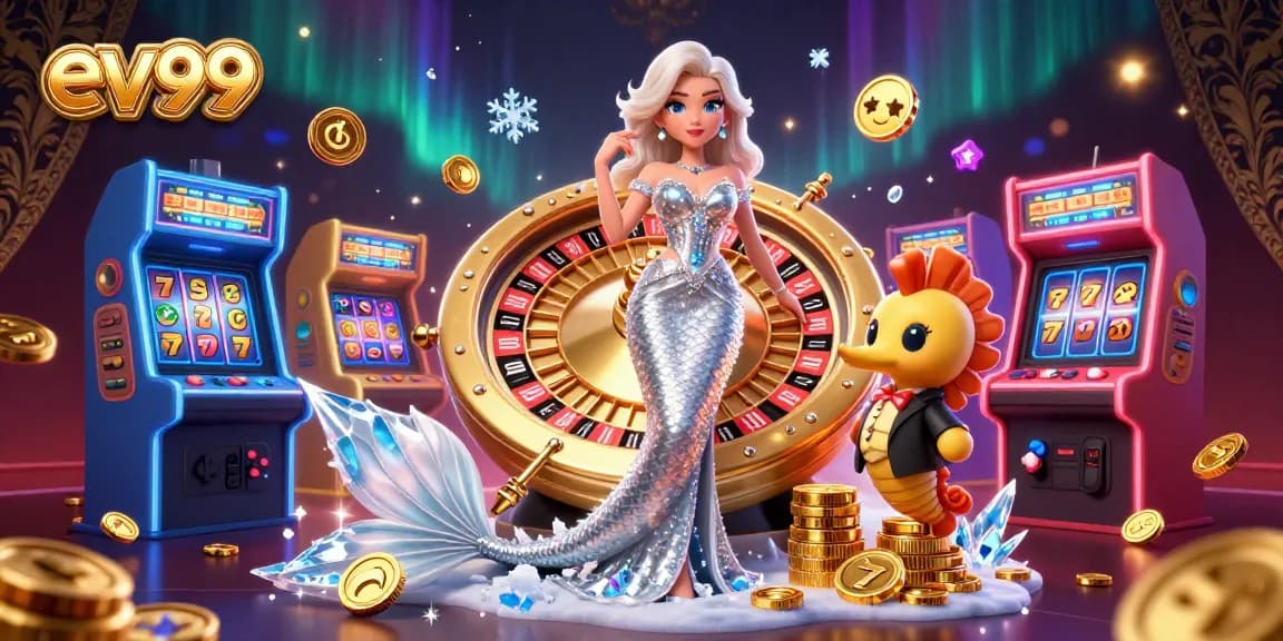 Play exciting games at ev99 with a stunning mermaid and golden roulette wheel.