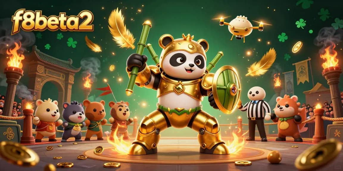 Experience an exciting battle with f8beta2 featuring a mech-suit panda in a vibrant casino arena.