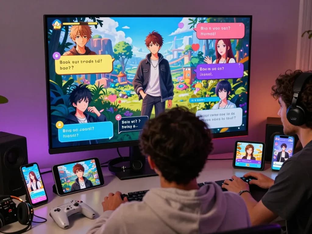 Engaging scene from an adult game showing diverse characters in a vibrant visual novel setting.