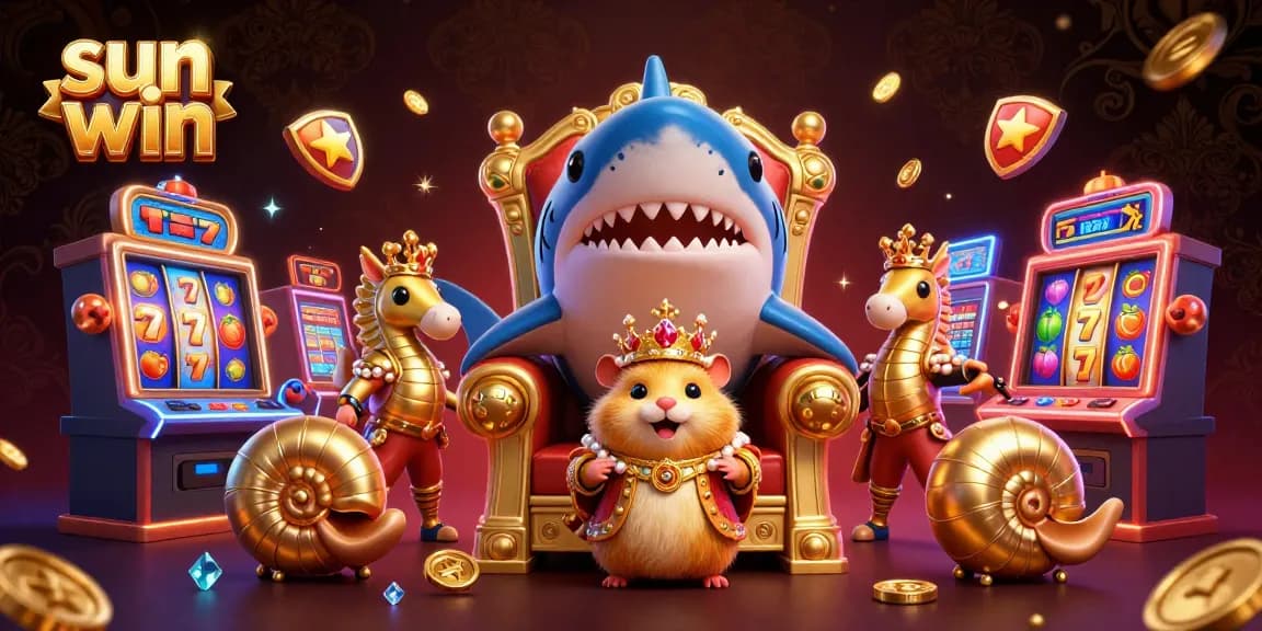 Engage in thrilling gaming at sun win with a regal hamster king amidst illuminated slot machines.