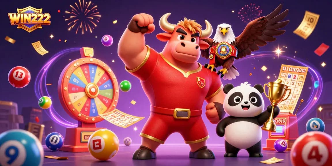 Experience the excitement of WIN222 with colorful elements and lively characters celebrating in a dynamic casino scene.