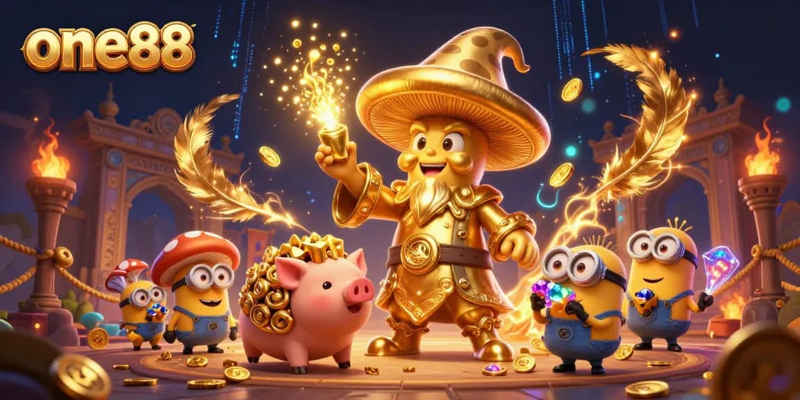 Experience the magic of gambling with one88's golden treasures and thrilling adventures in this captivating illustration.