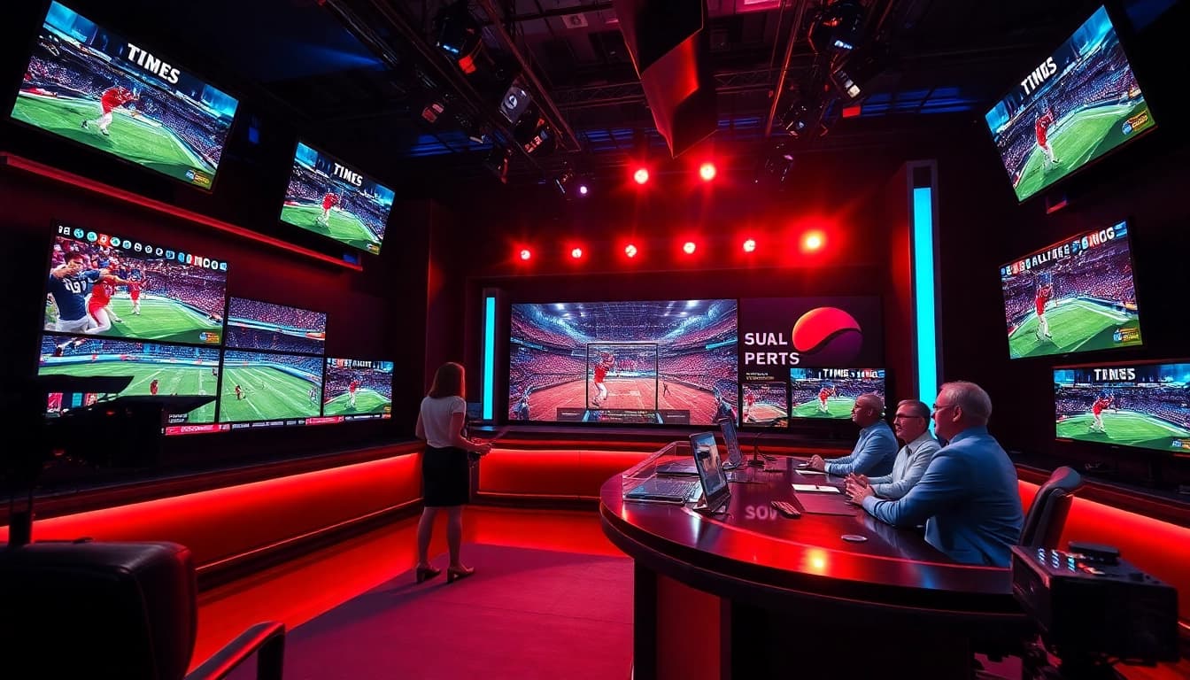 Engaging sports broadcasting heroes delivering live updates in a dynamic studio setup.