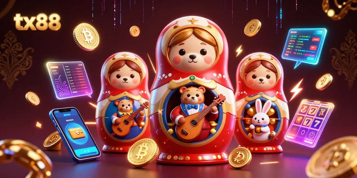 Play slots and enjoy tx88 in a vibrant illustration featuring casino bears and crypto elements.