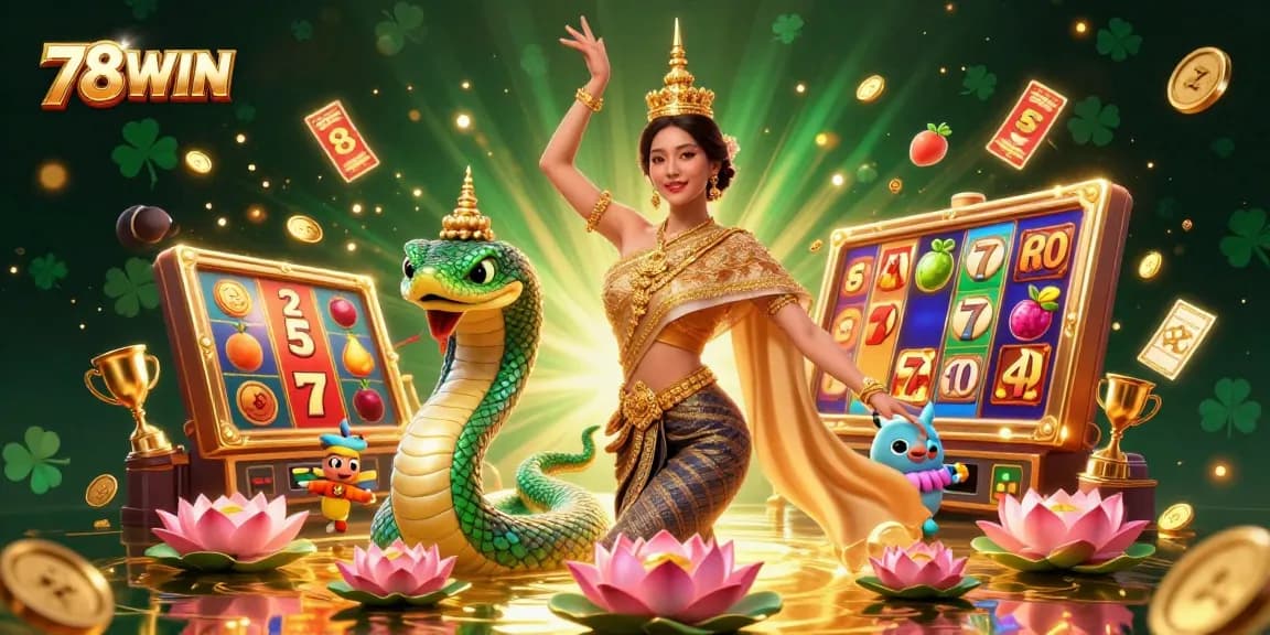Courageously bet with 78WIN as a beautiful Asian woman in traditional attire dances with a colorful Naga serpent, surrounded by slot game elements.