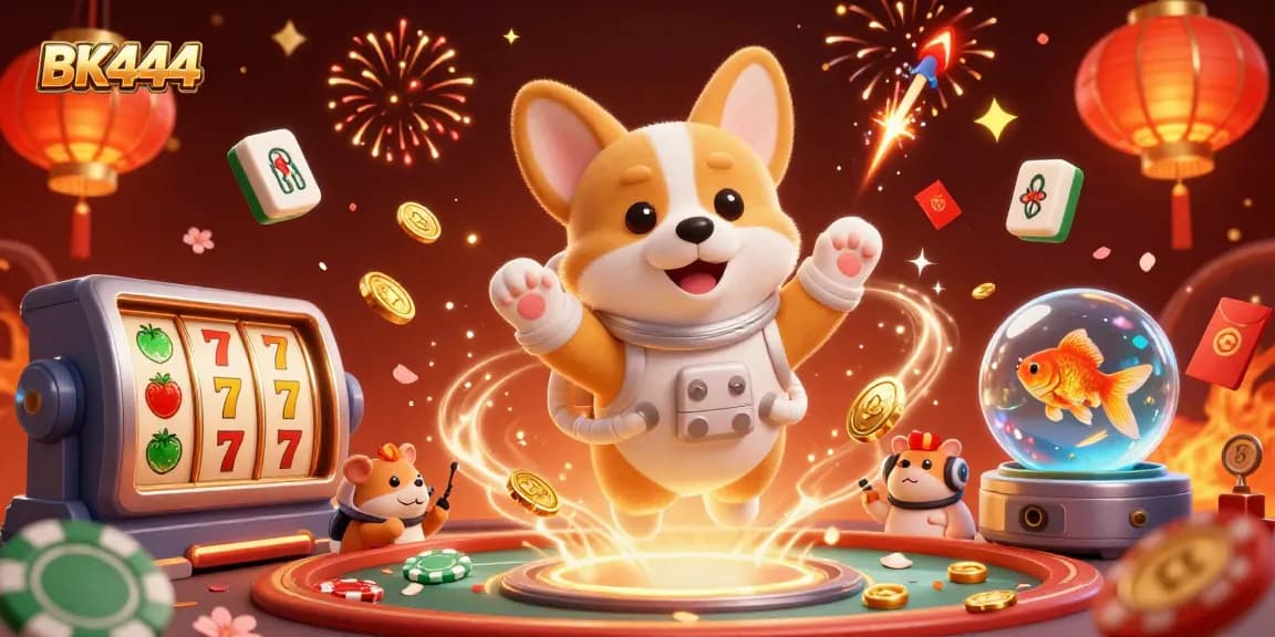 Experience the fun with BK444 casino's dynamic 3D scene featuring games, excitement, and vibrant visuals.