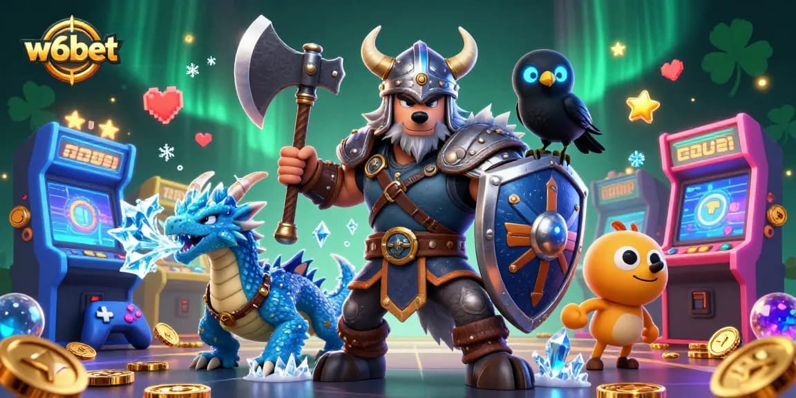 w6bet apresenta uma cena de cassino emocionante com um guerreiro lobo viking, dragão e corvo em meio a elementos de jogo coloridos.