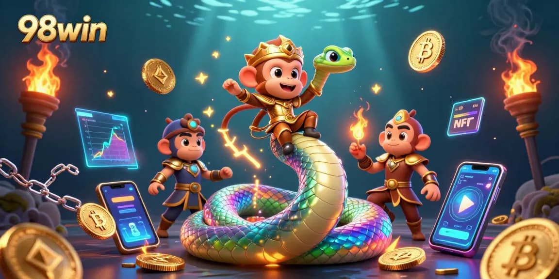 Engage with 98win’s colorful casino graphics featuring crypto coins and vibrant characters.