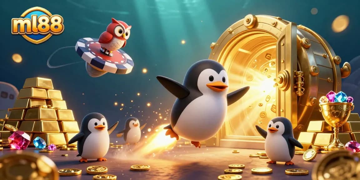 Win big with ml88 in this lively, golden casino scene featuring unique characters and treasures.