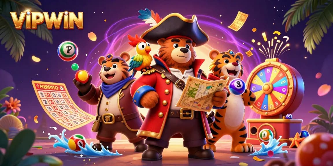 Experience exciting gameplay at VIPWIN with colorful lottery elements and animated casino characters.