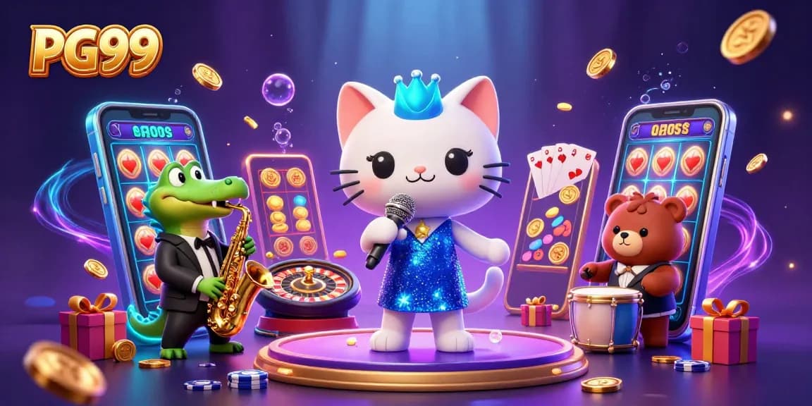 Engage in thrilling action with PG99's vibrant 3D casino scene featuring unique gaming characters.