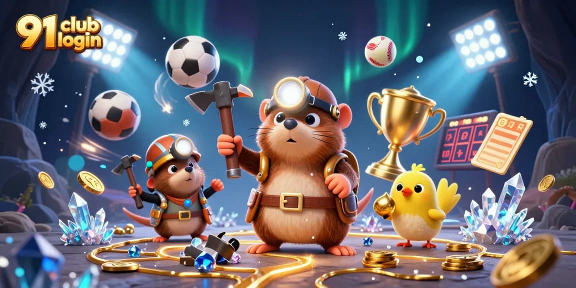 Experience 91 club login through a fun illustration with characters and sports elements.