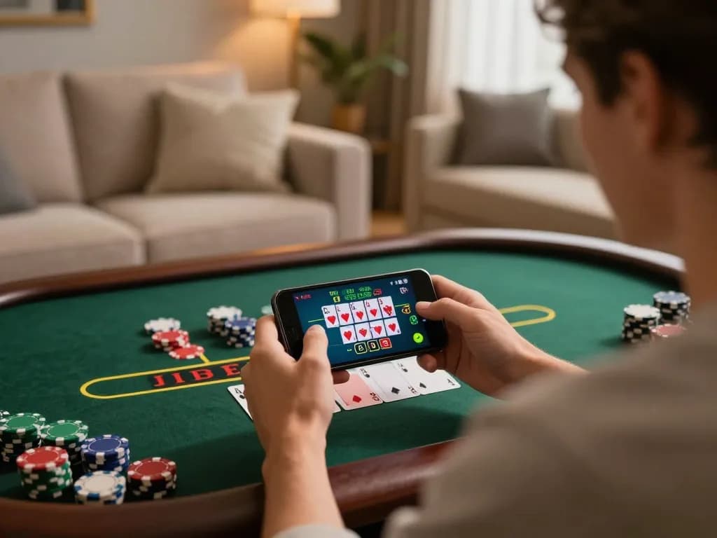 Jogador da AAVIP desfrutando de um jogo de blackjack com dealer ao vivo em seu smartphone com um ambiente aconchegante em casa.