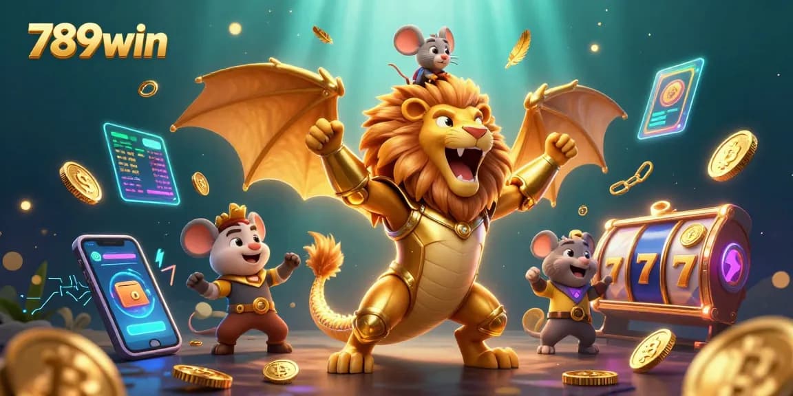 Engage in thrilling wins with 789win, featuring a golden chimera and vibrant slot games.