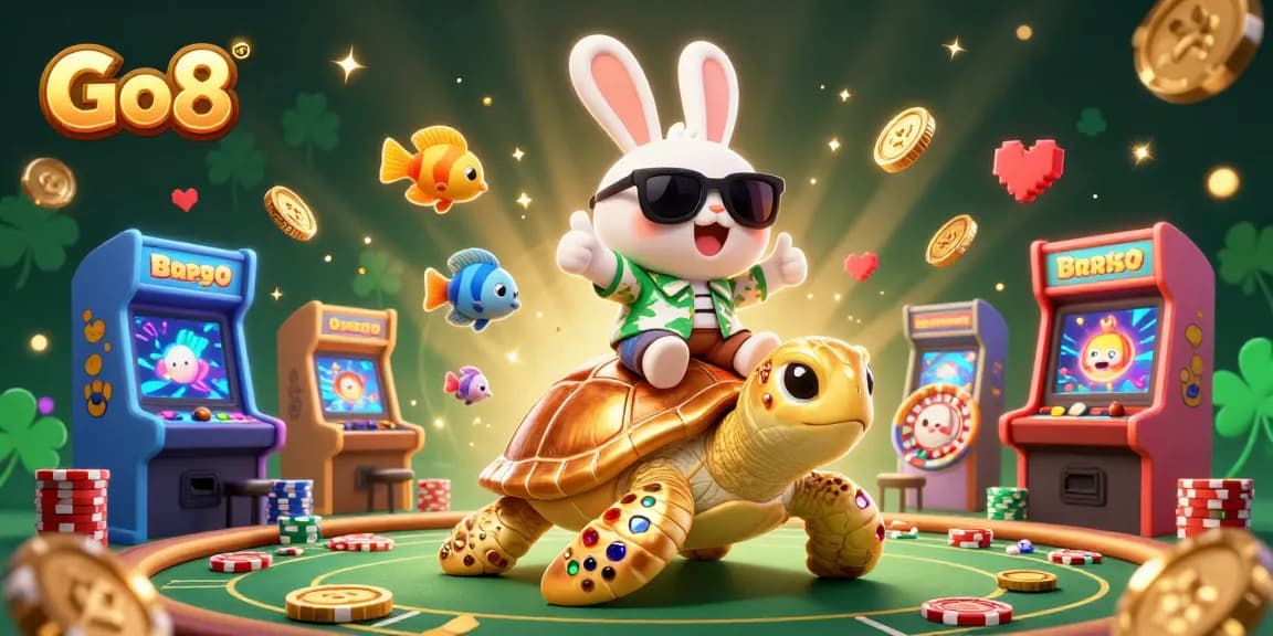 Engage with Go8's exciting world in this vibrant 3D casino illustration showcasing gaming elements like roulette and poker.