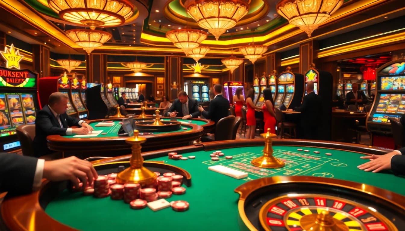 Players enjoying high-stakes gaming at L567 casino, surrounded by exciting poker chips and roulette wheels.