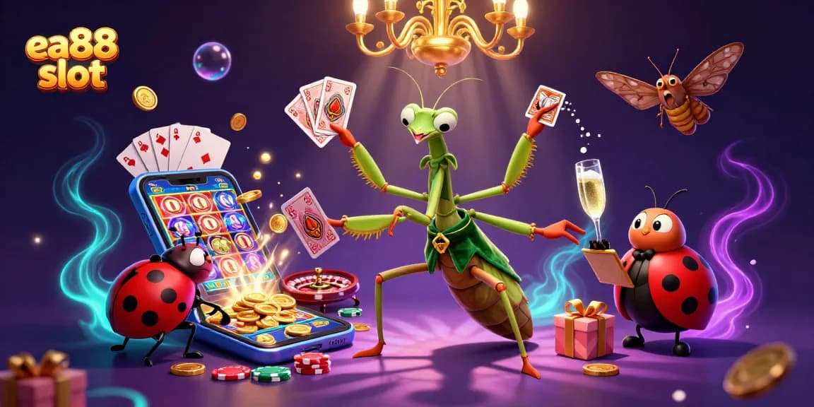 Spin and win with ea88 slot in a vibrant 3D casino scene featuring a card sharp and pit boss.