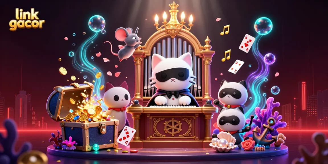 Get ready to spin and win with link gacor, featuring an exciting casino scene with cartoon characters and golden treasures!
