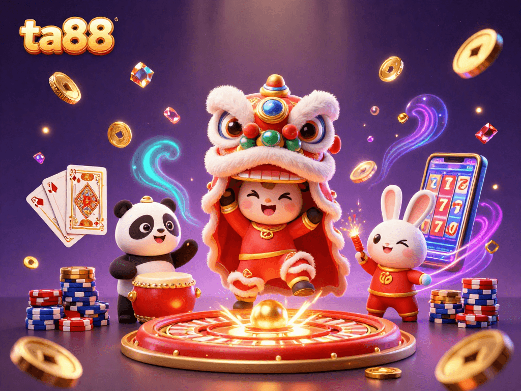 Experience ta88's vibrant celebration with a lion dance amidst scattered casino treasures.