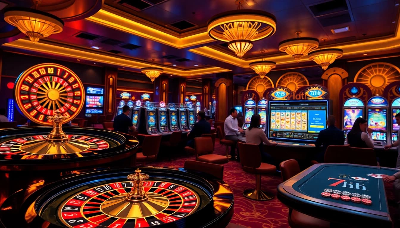 Players enjoying a vibrant gaming experience at 7hh online casino featuring roulette and slots.
