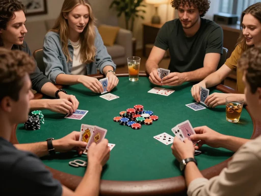 Players enjoying a lively poker game at home, showcasing a friendly atmosphere with oxbet moments of excitement.