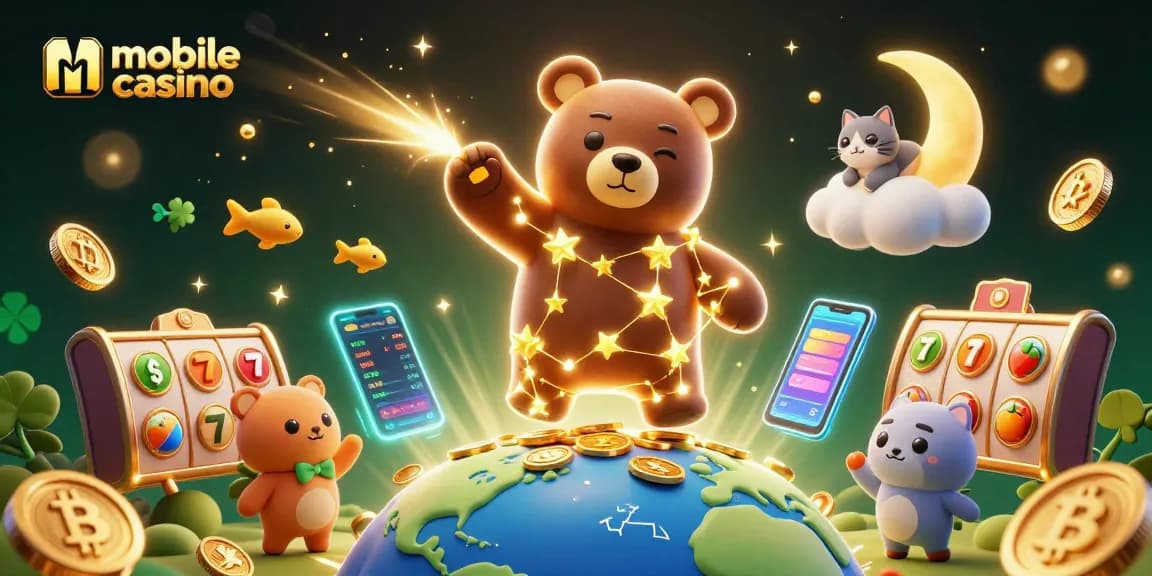 Engaging mobile casino scene with a constellation bear, crypto coins, and slot elements.