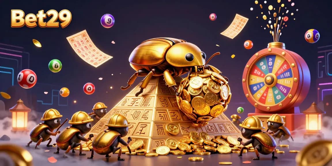 Bet29 casino features an engaging scene with golden beetles and dynamic lottery elements showcasing excitement.
