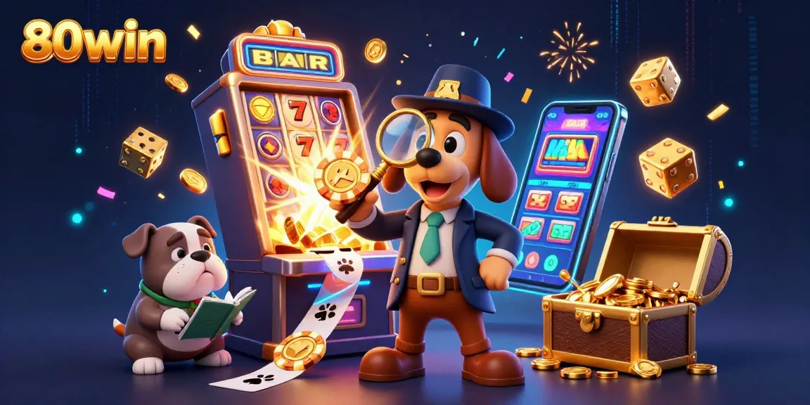 Engage with 80win's thrilling casino adventure through cartoon detective characters and slot game elements.