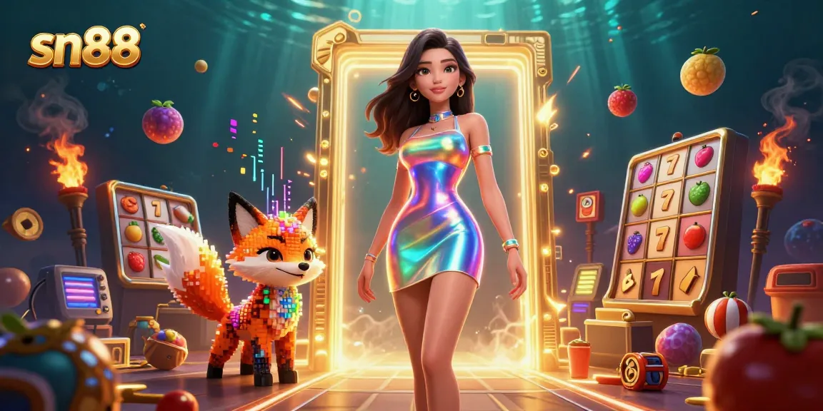Play exciting games with sn88 at this vibrant online casino featuring colorful characters and slot machines.