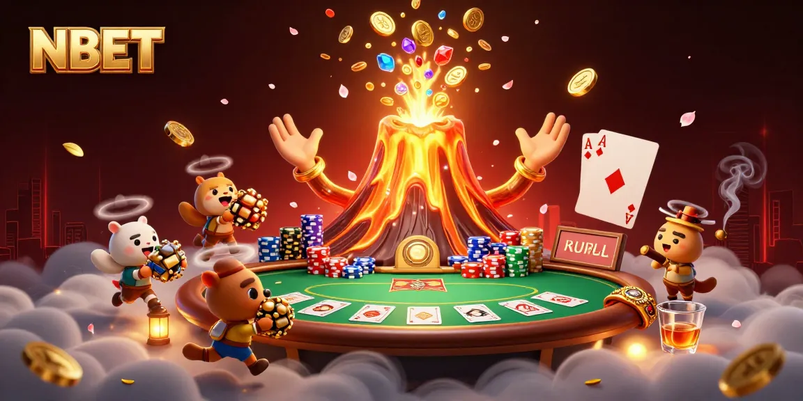 Experience a thrilling NBET poker scene with a golden volcano and treasure-hunting animals.
