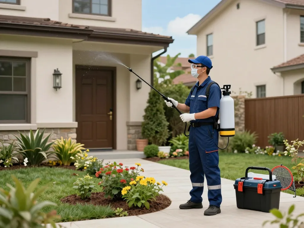Dedicated pest control technician providing eco-friendly services with Dedetizadora equipment in residential garden.